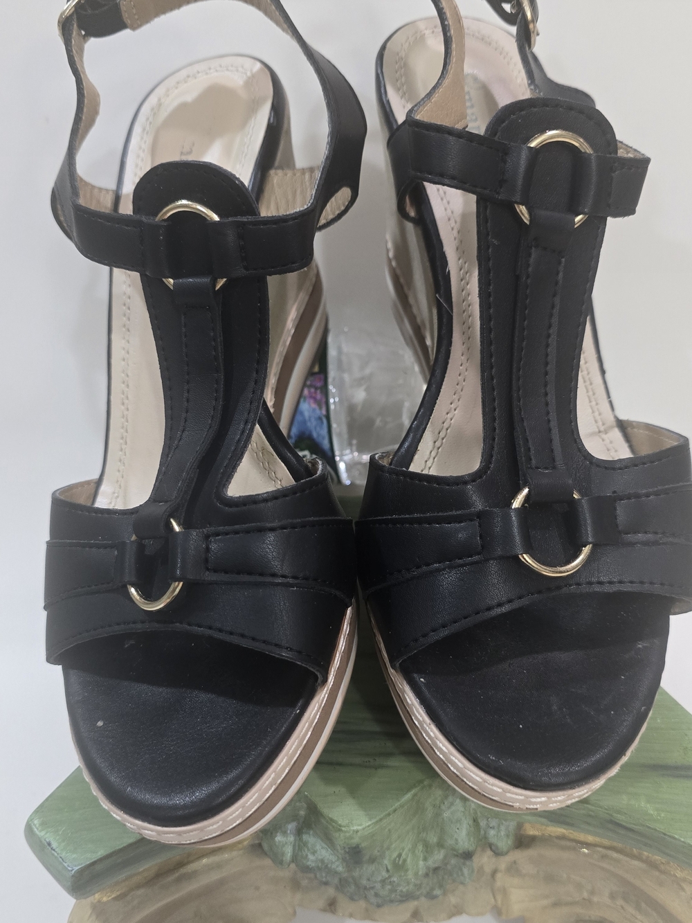 Women's Black T-Strap Wedge Sandals with Gold Rings